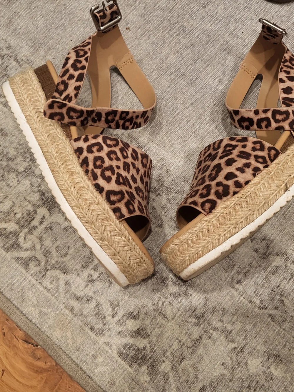 Leopard Print Ankle Strap Wedge Sandals - Women
